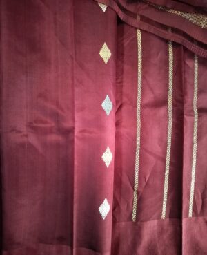 Pure Mango Silk Handloom Deep Maroon saree with Zari sona roopa kadua bootas and Satin border with kadua zari intricate bootas  Comes with running blouse/ kadua zari stripes in running