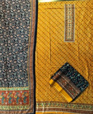 Semi Stitched  Mustard Yellow and Navy blue Micro Velvette Digitally Printed Three Piece Suit Farshi Salwar Set