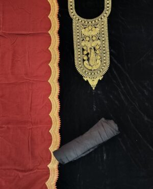 Semi Stitched Soft Micro Velvette kurta in black with a Long Embroidered Yoke in Gold embellished with Resham meenakari and finished with contrast Piping on Hemline and Sleeves in rust combination.